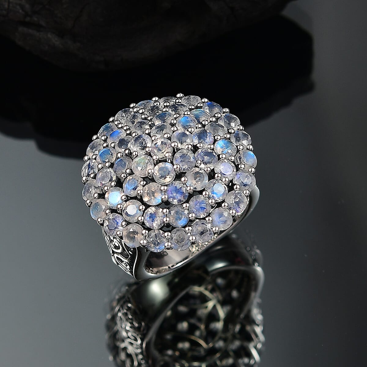 D'Joy Moon Glow Moonstone 6.40 ctw Victorian Moonlight Ring in Black Oxidized Sterling Silver (Size 9.0) image number 1