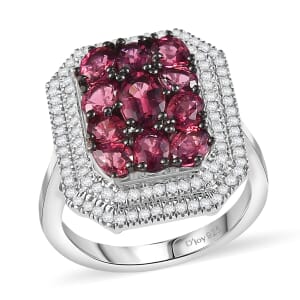 D'Joy Premium Ouro Fino Rubellite and White Zircon 3.00 ctw Crown Cluster Ring in Rhodium Over Sterling Silver (Size 10.0)
