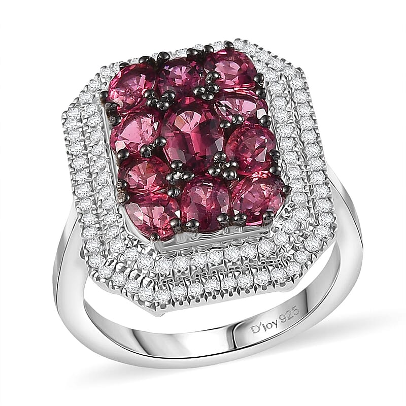 D'Joy Ouro Fino Rubellite, White Zircon Cluster Ring in Rhodium Over Sterling Silver 3.00 ctw (Size 10.0)