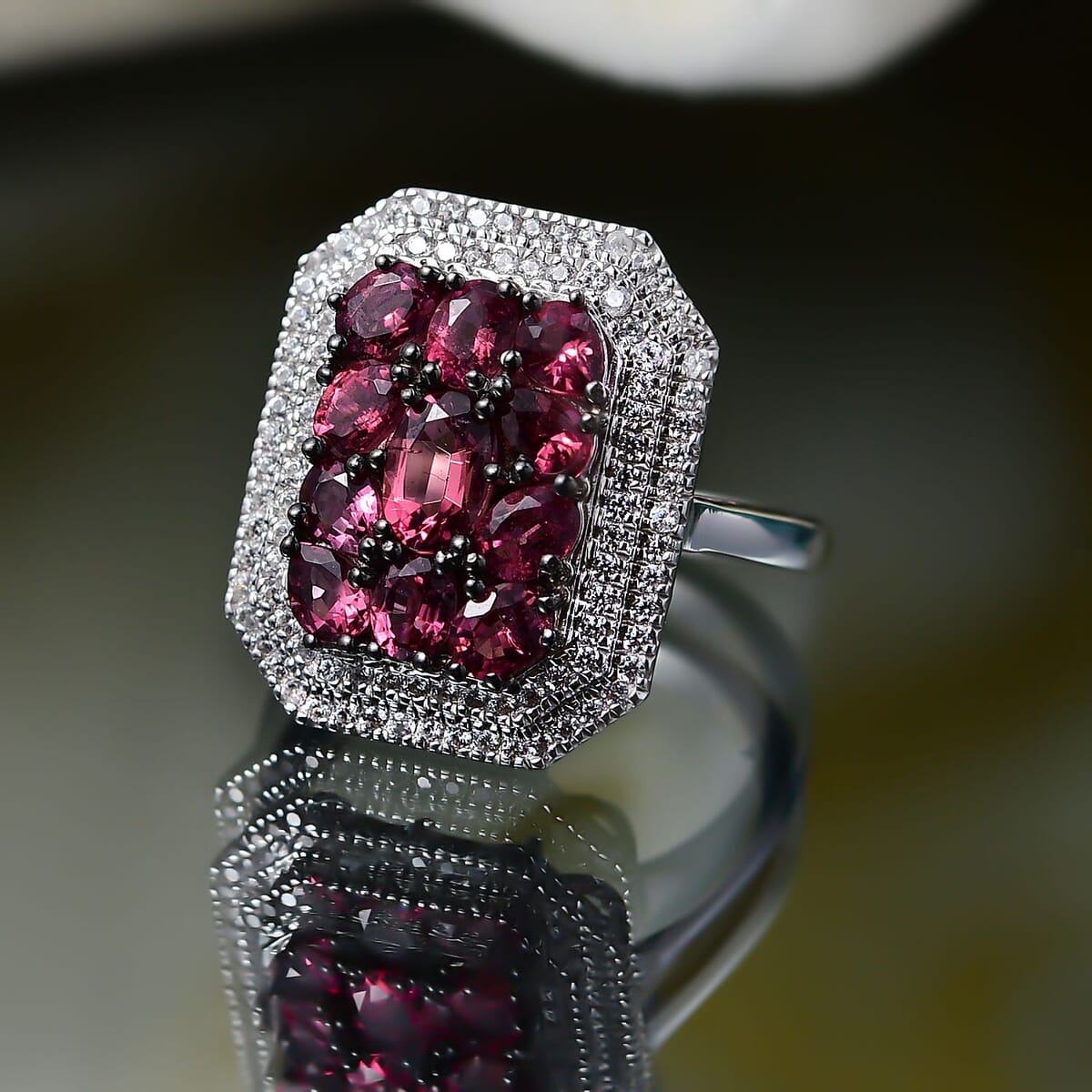 D'Joy Premium Ouro Fino Rubellite, White Zircon Ring in Rhodium Over Sterling Silver (Size 10.0) 3.00 ctw image number 1