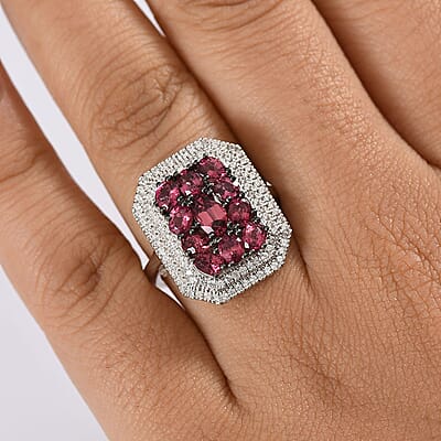 D'Joy Ouro Fino Rubellite, White Zircon Cluster Ring in Rhodium Over Sterling Silver 3.00 ctw (Size 10.0)