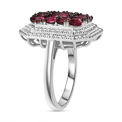 D'Joy Ouro Fino Rubellite, White Zircon Cluster Ring in Rhodium Over Sterling Silver 3.00 ctw (Size 10.0)