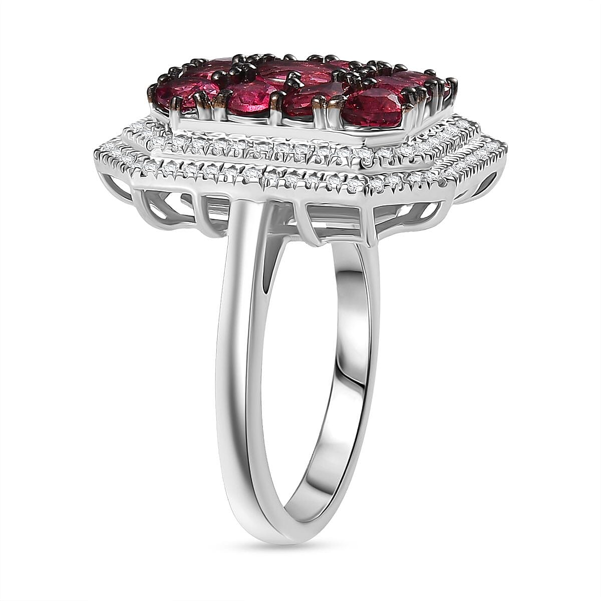 D'Joy Ouro Fino Rubellite, White Zircon Cluster Ring in Rhodium Over Sterling Silver 3.00 ctw (Size 5.0)