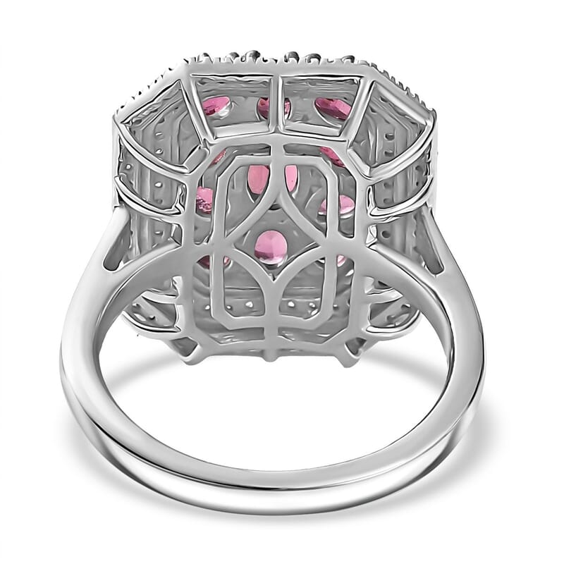 D'Joy Premium Ouro Fino Rubellite and White Zircon 3.00 ctw Crown Cluster Ring in Rhodium Over Sterling Silver (Size 6.0)