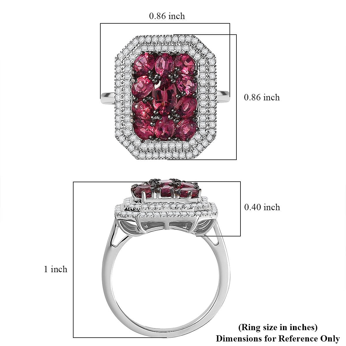 D'Joy Premium Ouro Fino Rubellite and White Zircon 3.00 ctw Crown Cluster Ring in Rhodium Over Sterling Silver (Size 7.0) image number 5