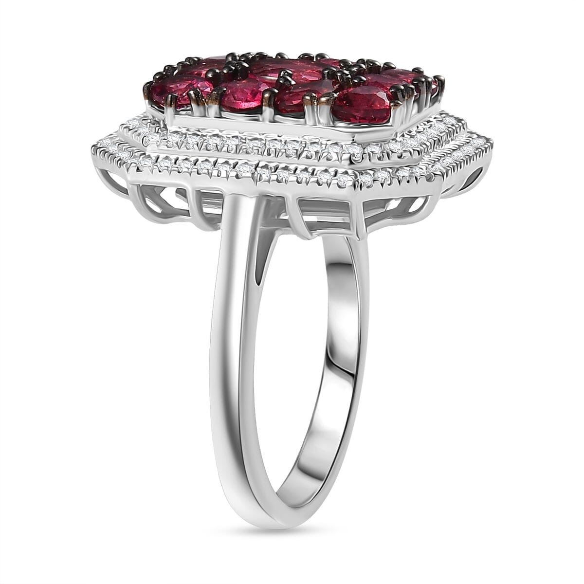 D'Joy Premium Ouro Fino Rubellite and White Zircon 3.00 ctw Crown Cluster Ring in Rhodium Over Sterling Silver (Size 9.0) image number 3