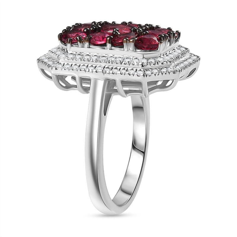 D'Joy Ouro Fino Rubellite, White Zircon Cluster Ring in Rhodium Over Sterling Silver 3.00 ctw (Size 9.0)