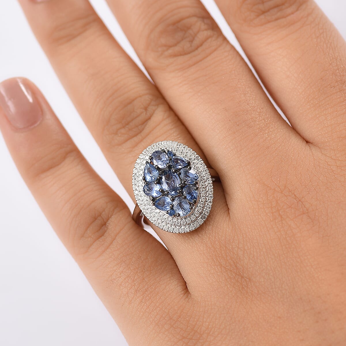 D'Joy Ceylon Blue Sapphire and White Zircon 3.00 ctw Crown Cluster Ring in Rhodium Over Sterling Silver (Size 10.0) image number 2