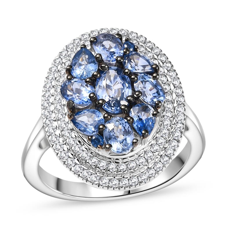 D'Joy Ceylon Blue Sapphire and White Zircon 3.00 ctw Crown Cluster Ring in Rhodium Over Sterling Silver (Size 7.0)