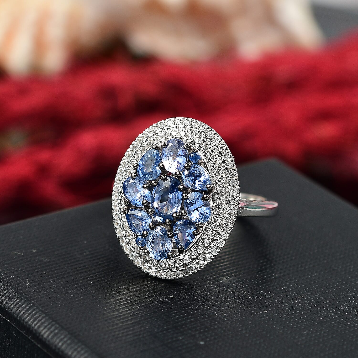 D'Joy Ceylon Blue Sapphire and White Zircon 3.00 ctw Crown Cluster Ring in Rhodium Over Sterling Silver (Size 7.0)