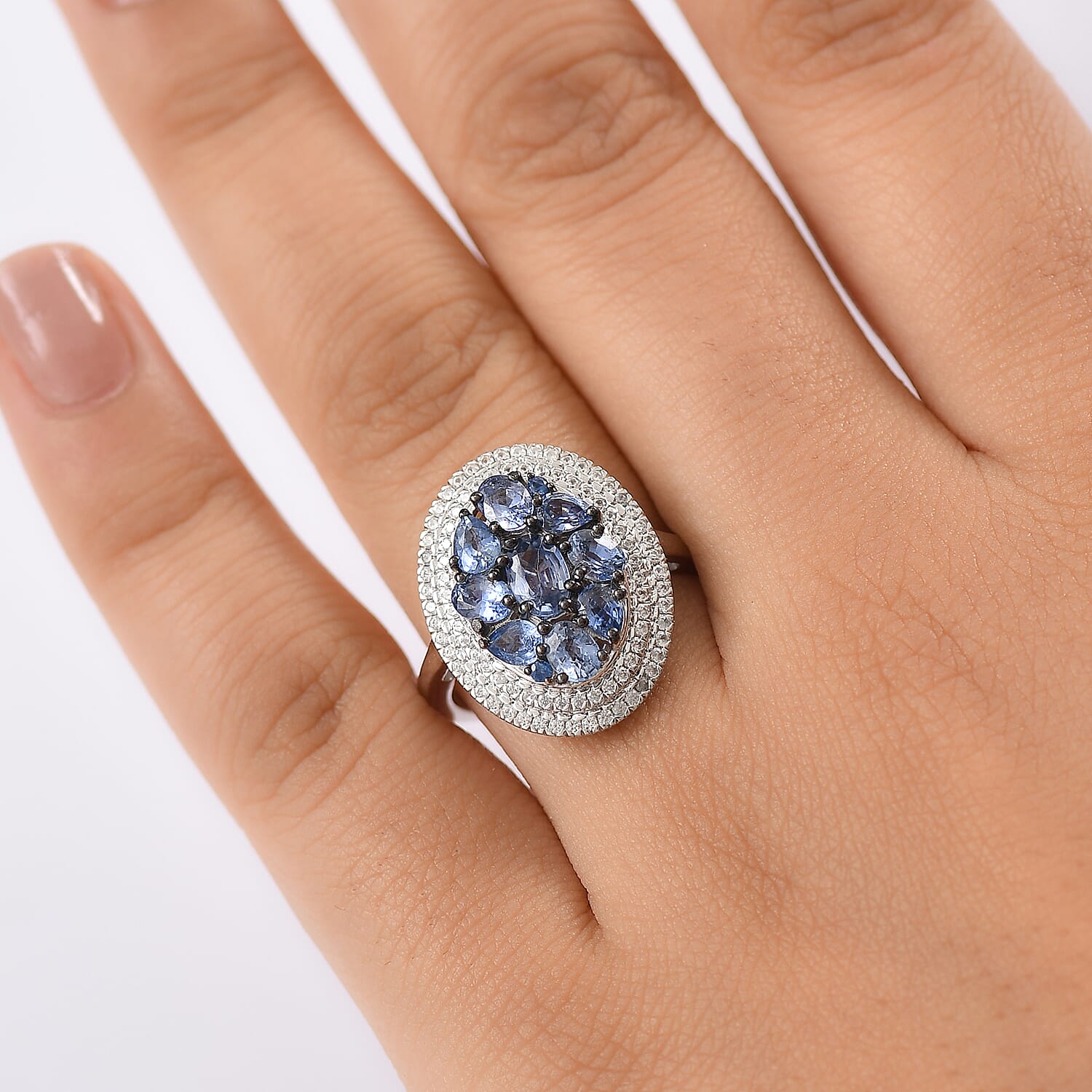 D'Joy Ceylon Blue Sapphire and White Zircon 3.00 ctw Crown Cluster Ring in Rhodium Over Sterling Silver (Size 7.0)