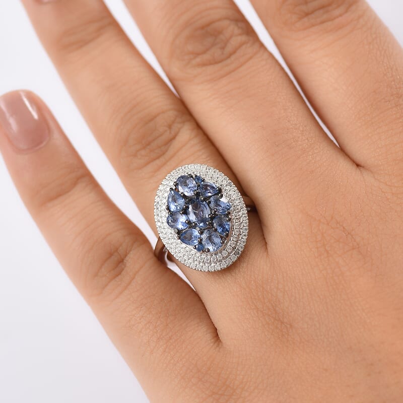 D'Joy Ceylon Blue Sapphire and White Zircon 3.00 ctw Crown Cluster Ring in Rhodium Over Sterling Silver (Size 7.0)