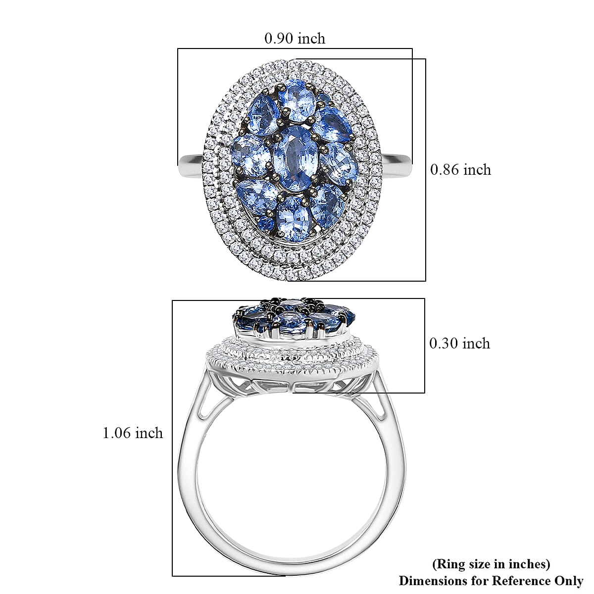 D'Joy Ceylon Blue Sapphire and White Zircon 3.00 ctw Crown Cluster Ring in Rhodium Over Sterling Silver (Size 7.0)