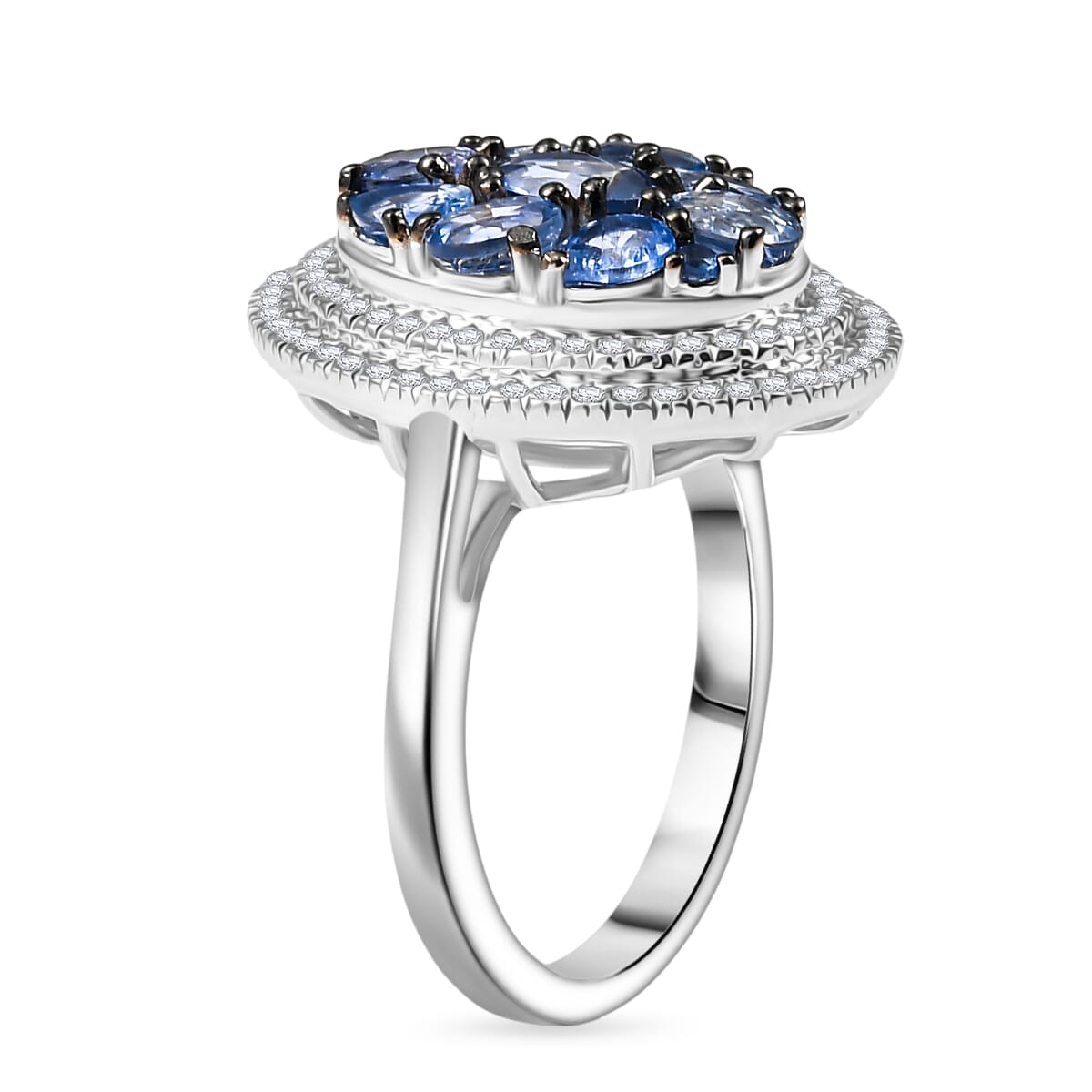 D'Joy Ceylon Blue Sapphire and White Zircon 3.00 ctw Crown Cluster Ring in Rhodium Over Sterling Silver (Size 9.0) image number 3