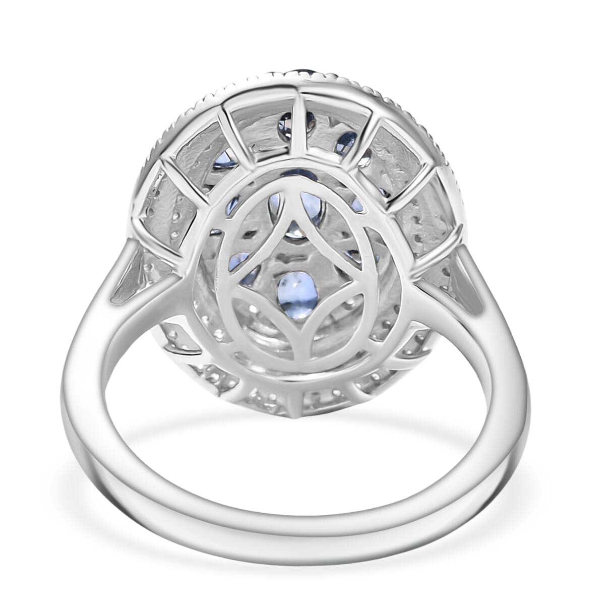 D'Joy Ceylon Blue Sapphire and White Zircon 3.00 ctw Crown Cluster Ring in Rhodium Over Sterling Silver (Size 9.0) image number 4