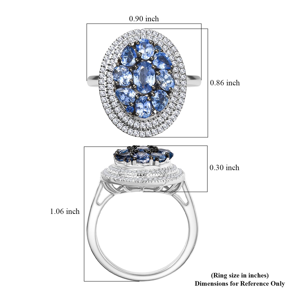D'Joy Ceylon Blue Sapphire and White Zircon 3.00 ctw Crown Cluster Ring in Rhodium Over Sterling Silver (Size 9.0) image number 5