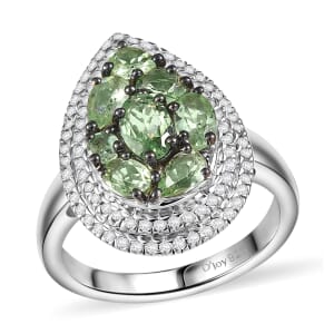 D'Joy Tsavorite Garnet and White Zircon 2.50 ctw Crown Cluster Ring in Rhodium Over Sterling Silver (Size 10.0)