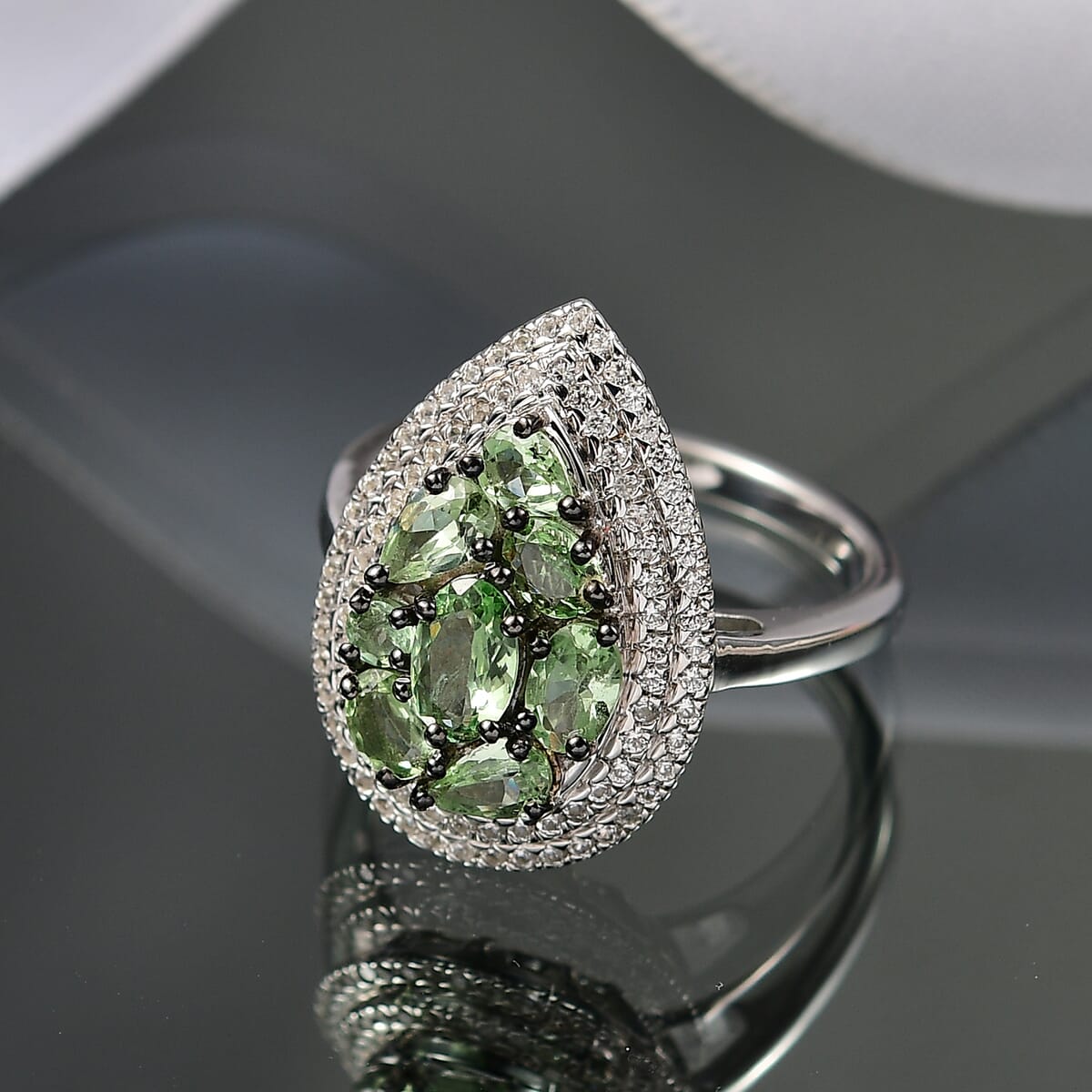 D'Joy Tsavorite Garnet and White Zircon 2.50 ctw Crown Cluster Ring in Rhodium Over Sterling Silver (Size 10.0) image number 1