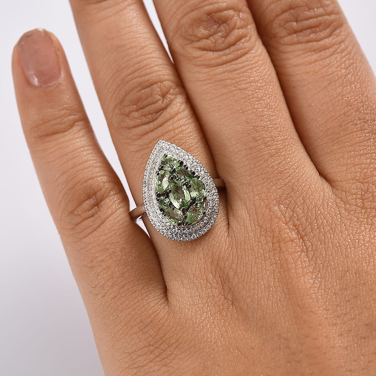 D'Joy Tsavorite Garnet and White Zircon 2.50 ctw Crown Cluster Ring in Rhodium Over Sterling Silver (Size 7.0) image number 2