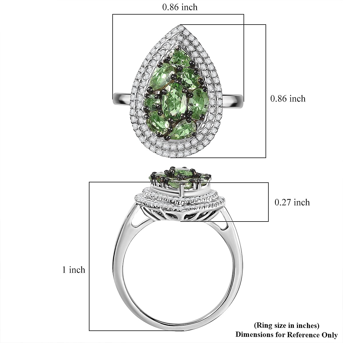 D'Joy Tsavorite Garnet and White Zircon 2.50 ctw Crown Cluster Ring in Rhodium Over Sterling Silver (Size 7.0)