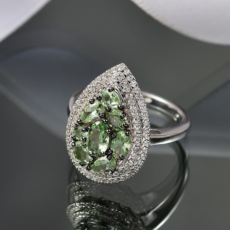 D'Joy Tsavorite Garnet and White Zircon 2.50 ctw Crown Cluster Ring in Rhodium Over Sterling Silver (Size 9.0)