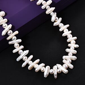 White Freshwater Pearl Necklace in Rhodium Over Sterling Silver 18 Inches