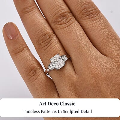 D'Joy Moissanite 2.90 ctw Art Deco Ring in Rhodium Over Sterling Silver (Size 10.0)