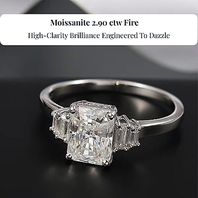 D'Joy Moissanite 2.90 ctw Art Deco Ring in Rhodium Over Sterling Silver (Size 10.0)