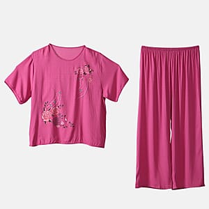 La Marey Rose Floral Short Sleeve Top and Wide Leg Pants - One Size Fits Most