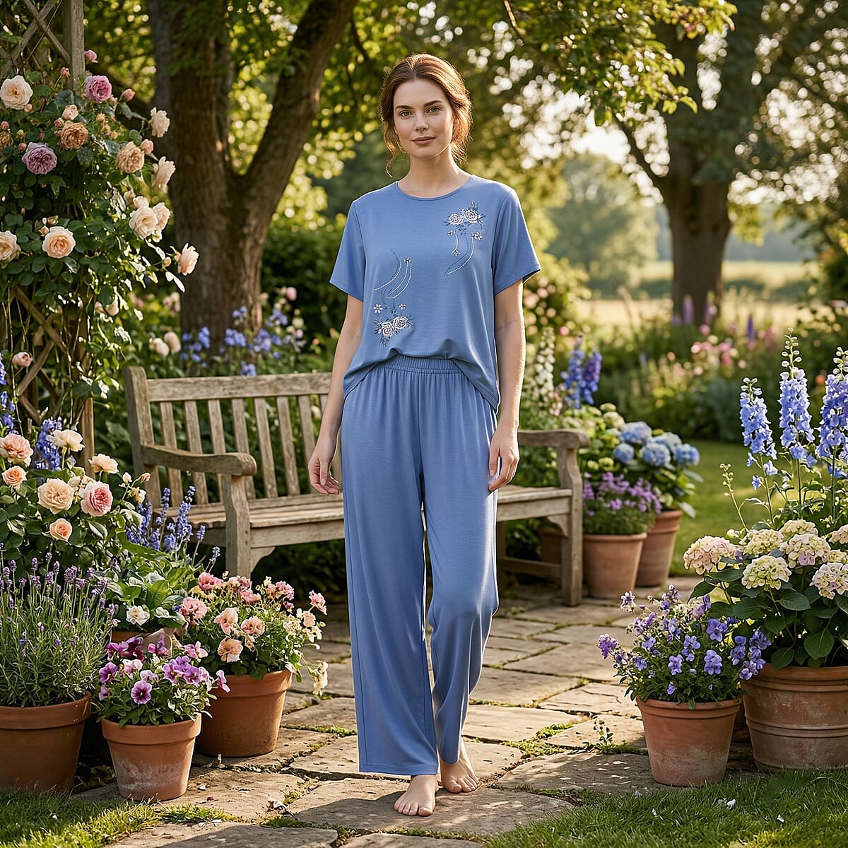 La Marey Blue Floral Short Sleeve Top and Wide Leg Pants - One Size Fits Most image number 1