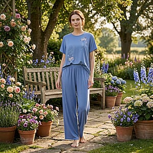 La Marey Blue Floral Short Sleeve Top and Wide Leg Pants - One Size Fits Most