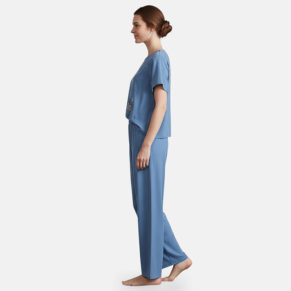 La Marey Blue Floral Short Sleeve Top and Wide Leg Pants - One Size Fits Most image number 3