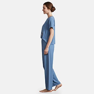 La Marey Blue Floral Short Sleeve Top and Wide Leg Pants - One Size Fits Most