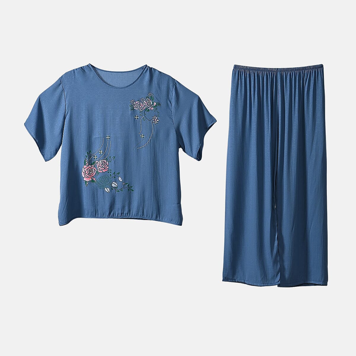 La Marey Blue Floral Short Sleeve Top and Wide Leg Pants - One Size Fits Most image number 4