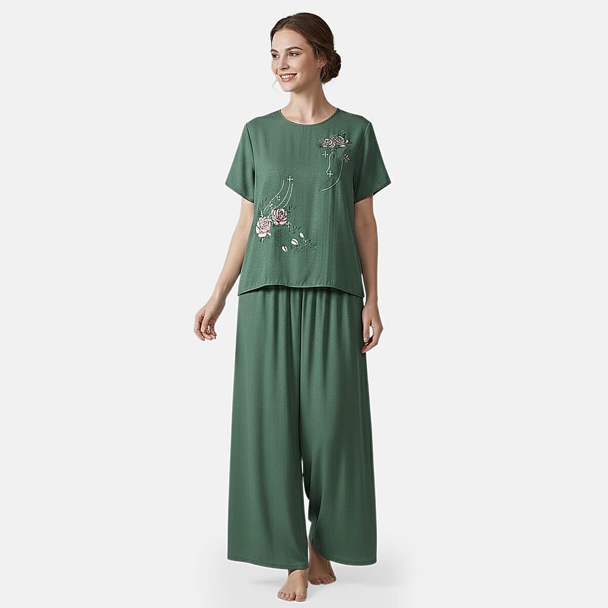 La Marey Green Floral Short Sleeve Top and Wide Leg Pants - One Size Fits Most image number 0