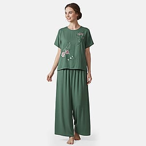 La Marey Green Floral Short Sleeve Top and Wide Leg Pants - One Size Fits Most