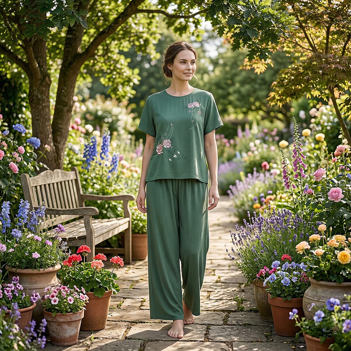 La Marey Green Floral Short Sleeve Top and Wide Leg Pants - One Size Fits Most image number 1
