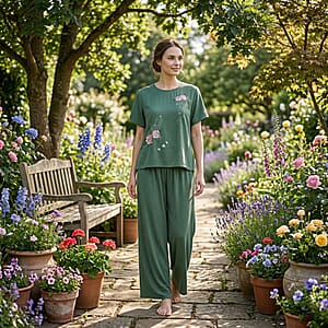 La Marey Green Floral Short Sleeve Top and Wide Leg Pants - One Size Fits Most