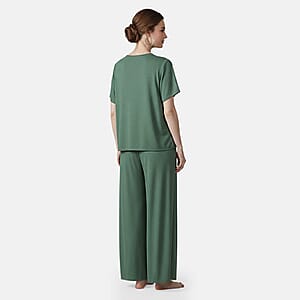 La Marey Green Floral Short Sleeve Top and Wide Leg Pants - One Size Fits Most