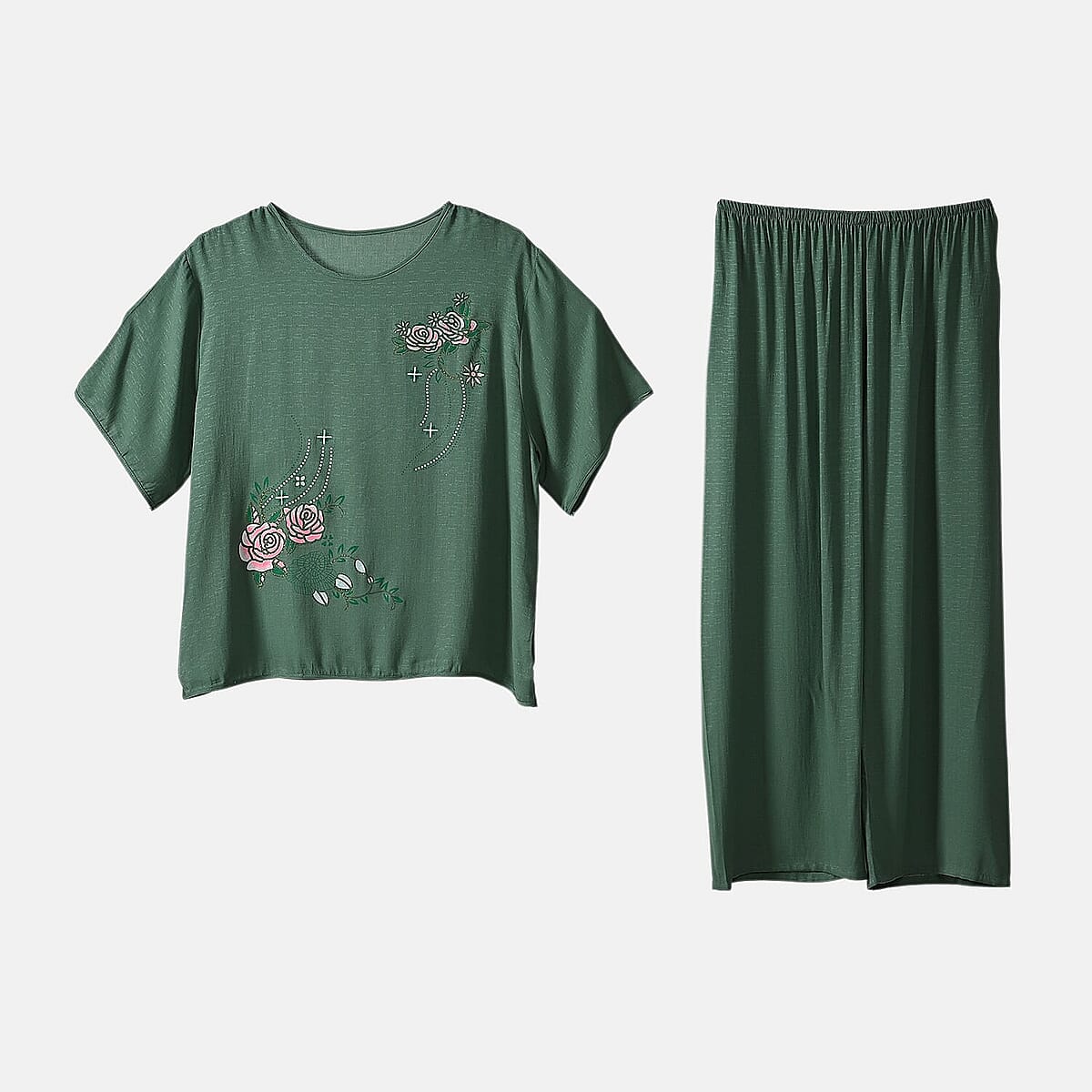 La Marey Green Floral Short Sleeve Top and Wide Leg Pants - One Size Fits Most image number 4