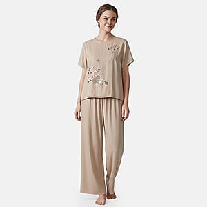 La Marey Beige Floral Short Sleeve Top and Wide Leg Pants - One Size Fits Most