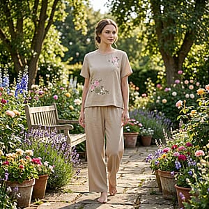La Marey Beige Floral Short Sleeve Top and Wide Leg Pants - One Size Fits Most