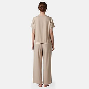 La Marey Beige Floral Short Sleeve Top and Wide Leg Pants - One Size Fits Most