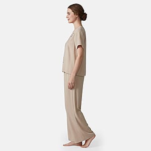 La Marey Beige Floral Short Sleeve Top and Wide Leg Pants - One Size Fits Most