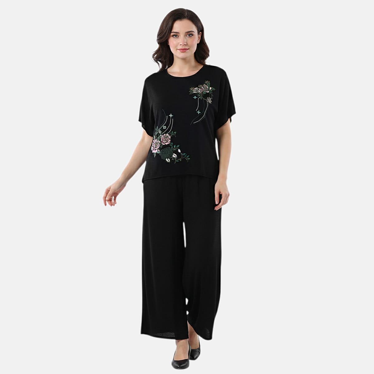 La Marey Black Floral Short Sleeve Top and Wide Leg Pants - One Size Fits Most image number 0
