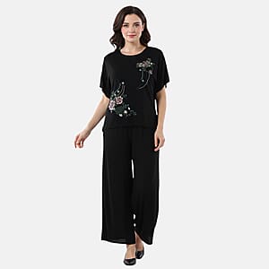 La Marey Black Floral Short Sleeve Top and Wide Leg Pants - One Size Fits Most