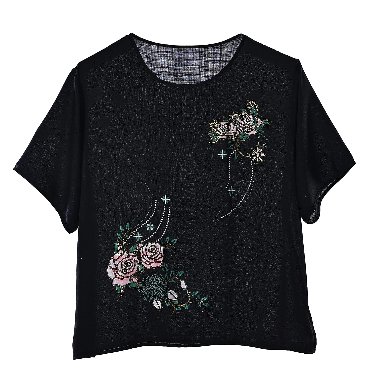 La Marey Black Floral Short Sleeve Top and Wide Leg Pants - One Size Fits Most
