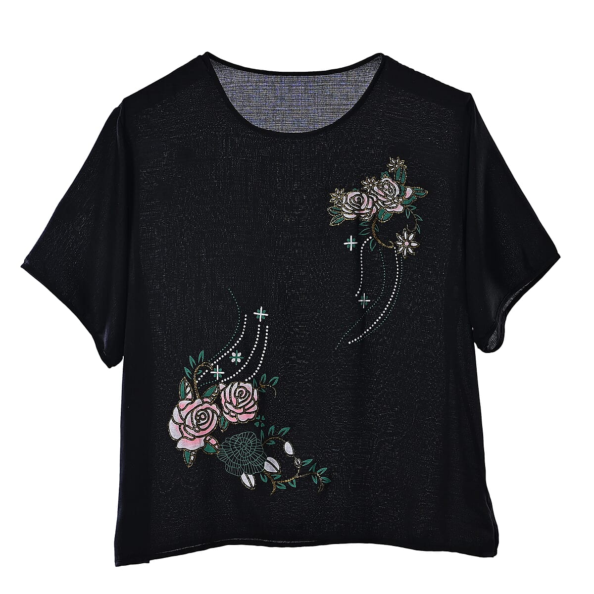 La Marey Black Floral Short Sleeve Top and Wide Leg Pants - One Size Fits Most image number 2