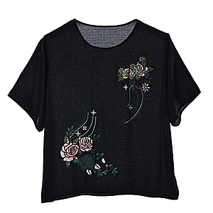 La Marey Black Floral Short Sleeve Top and Wide Leg Pants - One Size Fits Most