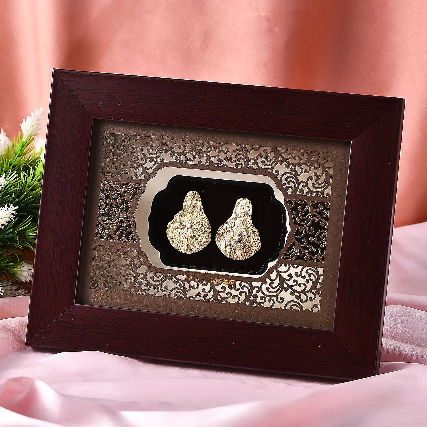 24K Yellow Gold Foil Mother Mary and Jesus Exhibit Wall Decor Frame